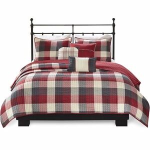 Madison Park Full/Queen Red/Grey Plaid Bedding Set 90”x90”
